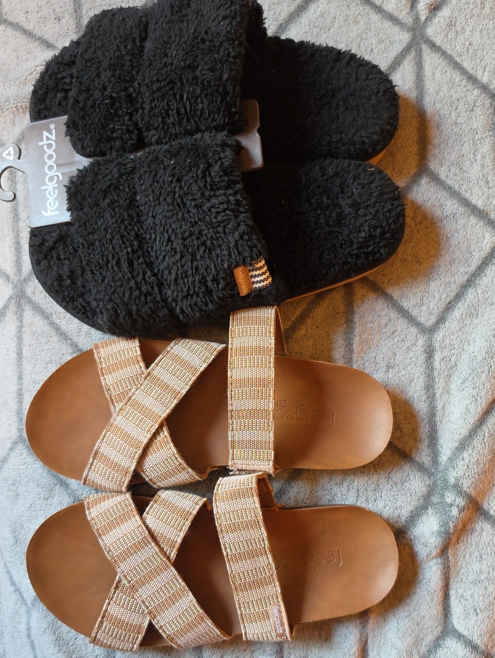 Feelgoodz Size 7 Bundle | Black Fuzzy Slippers + Tan Woven Sandals